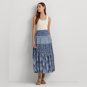 Ralph Lauren Patchwork Floral Voile Tiered Blue white Maxi Skirt Size 8 Rare✨